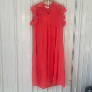 Umgee MIDI coral Dress New Classic Tiered ruffle sleeve